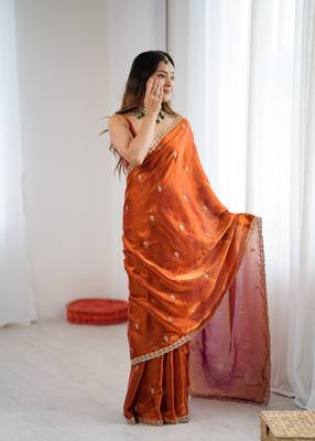 Orange festive trendy satin saree with two tone sequence embroidery 2