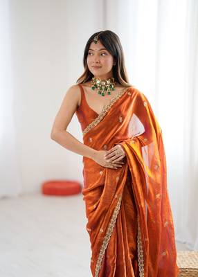Orange festive trendy satin saree with two tone sequence embroidery 3