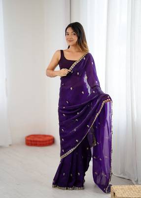 Purple festive trendy satin saree with two tone sequence embroidery 1