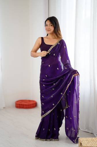 Purple festive trendy satin saree with two tone sequence embroidery