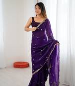 Purple festive trendy satin saree with two tone sequence embroidery
