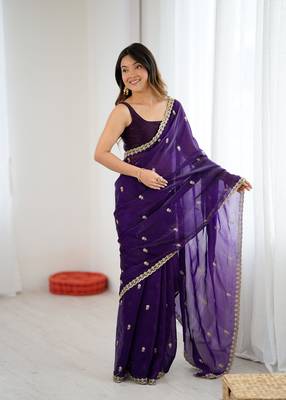 Purple festive trendy satin saree with two tone sequence embroidery 2