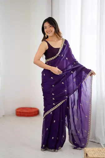 Purple festive trendy satin saree with two tone sequence embroidery