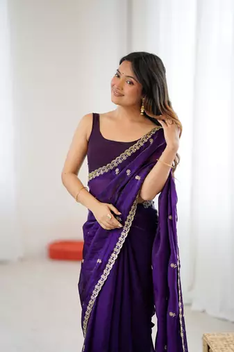 Purple festive trendy satin saree with two tone sequence embroidery