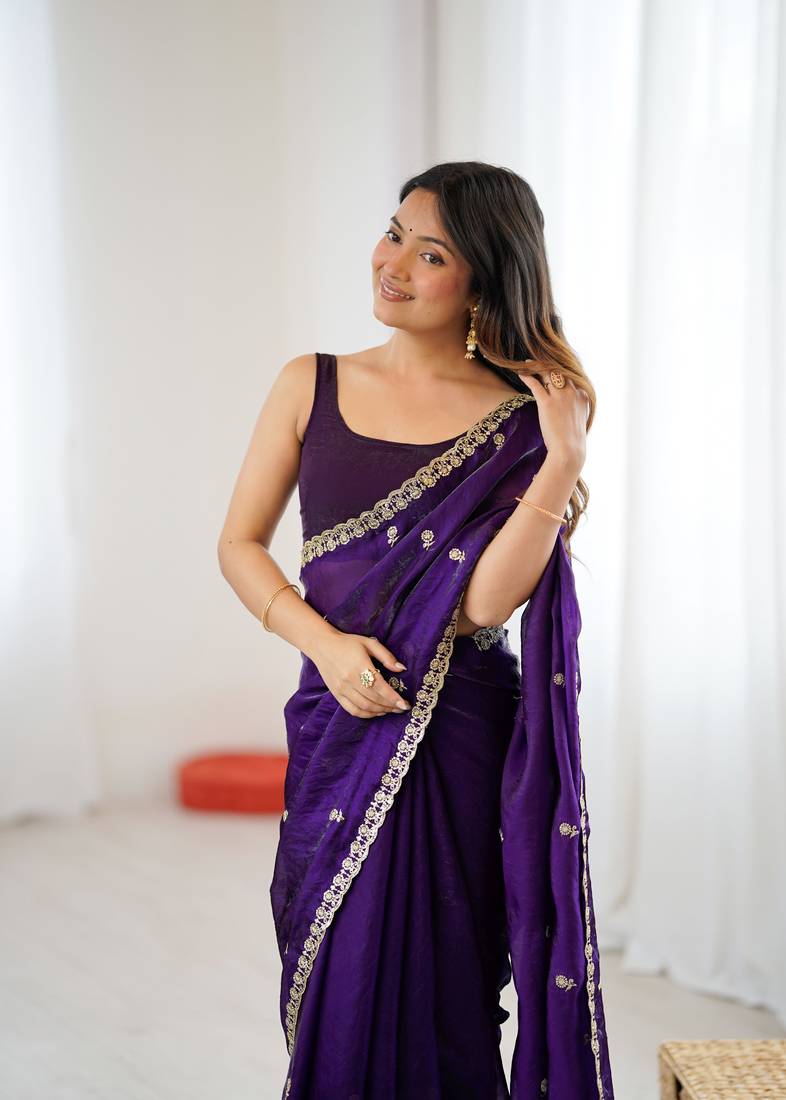 Purple festive trendy satin saree with two tone sequence embroidery