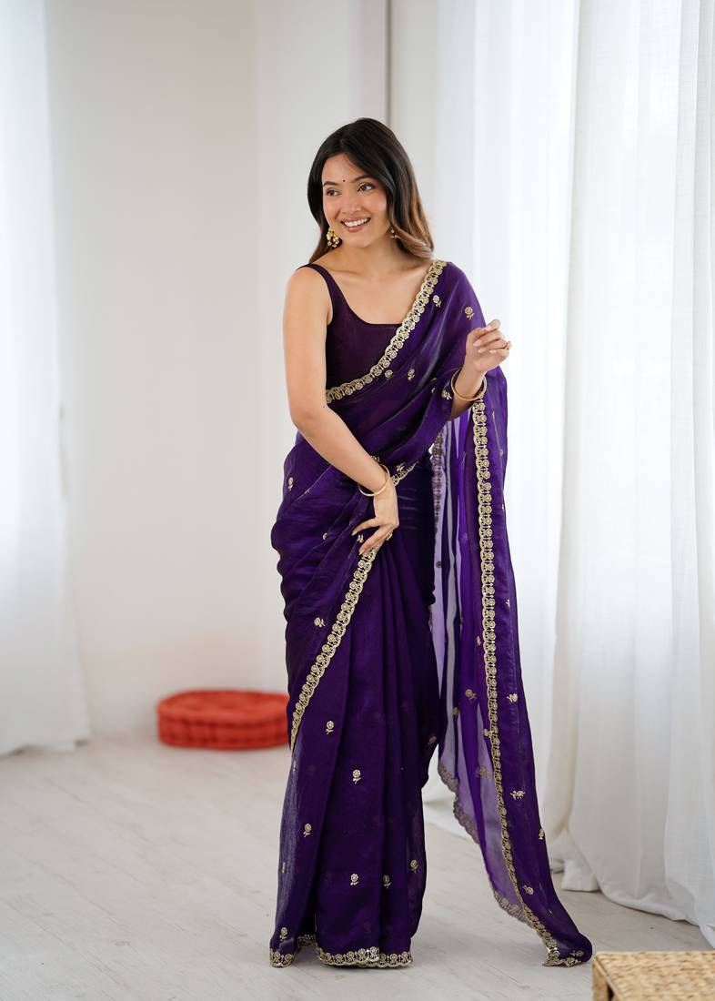 Purple festive trendy satin saree with two tone sequence embroidery