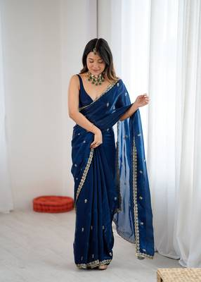 Navy blue festive trendy satin saree with two tone sequence embroidery 1