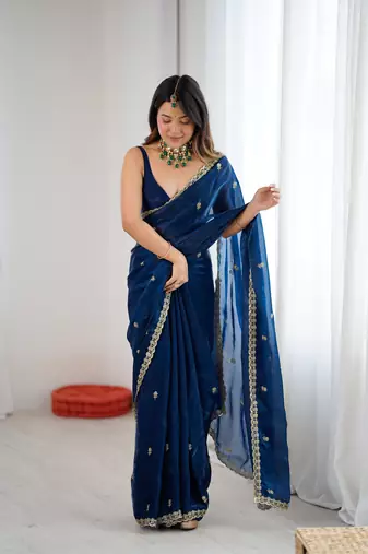 Navy blue festive trendy satin saree with two tone sequence embroidery