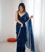 Navy blue festive trendy satin saree with two tone sequence embroidery