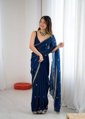 Navy blue festive trendy satin saree with two tone sequence embroidery 2
