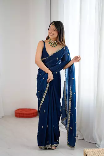 Navy blue festive trendy satin saree with two tone sequence embroidery