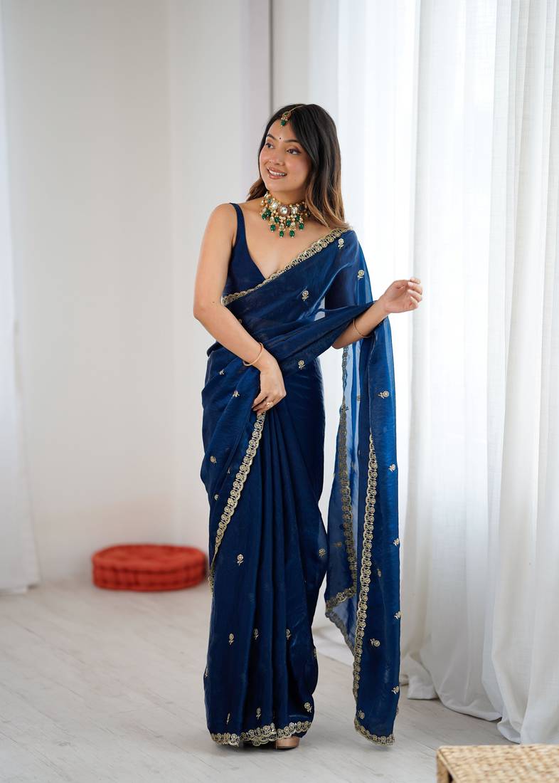 Navy blue festive trendy satin saree with two tone sequence embroidery