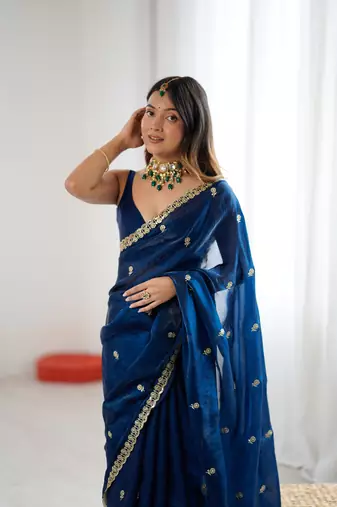 Navy blue festive trendy satin saree with two tone sequence embroidery