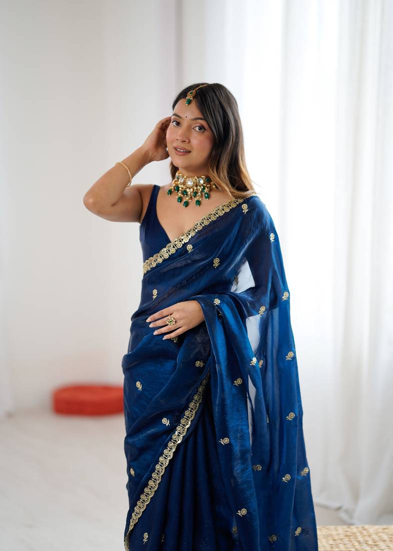 Navy blue festive trendy satin saree with two tone sequence embroidery