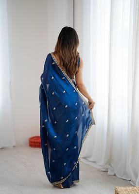 Navy blue festive trendy satin saree with two tone sequence embroidery 4