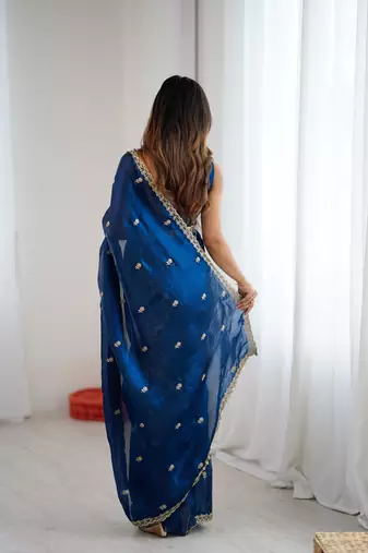 Navy blue festive trendy satin saree with two tone sequence embroidery