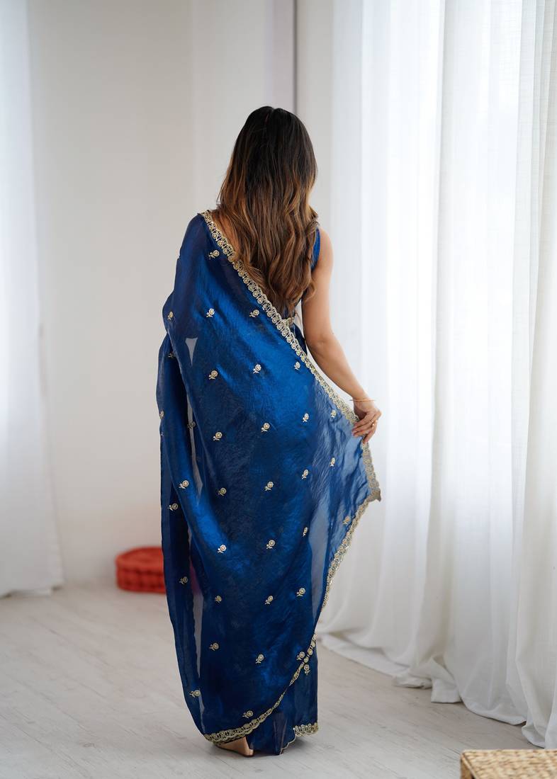 Navy blue festive trendy satin saree with two tone sequence embroidery