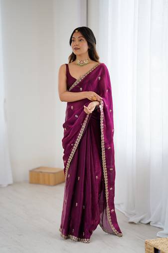 Wine festive trendy satin saree with two tone sequence embroidery
