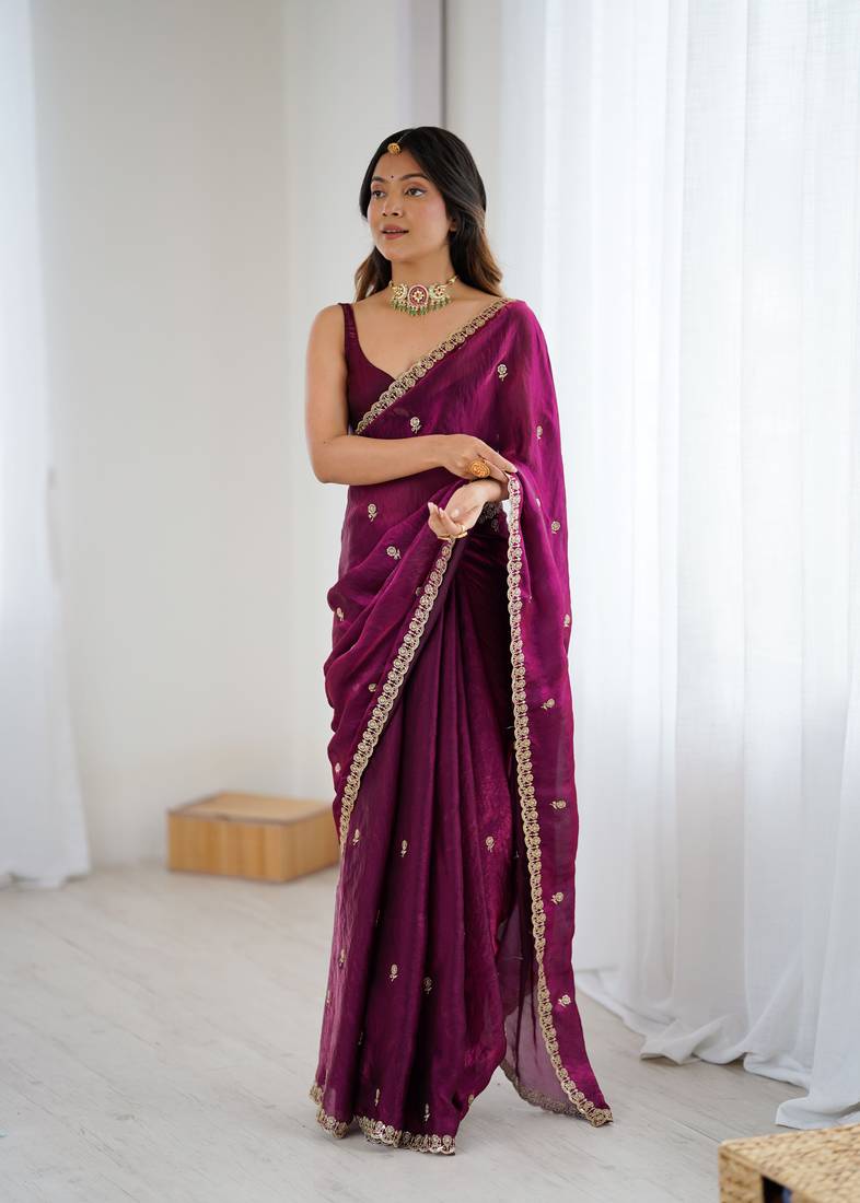Wine festive trendy satin saree with two tone sequence embroidery