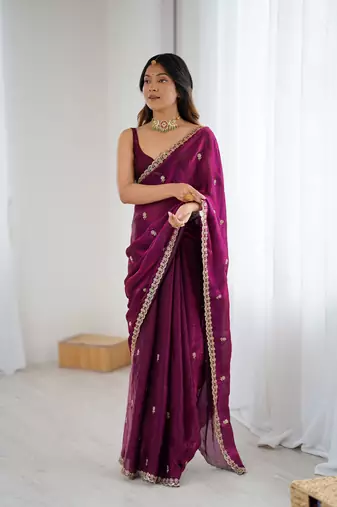 Wine festive trendy satin saree with two tone sequence embroidery