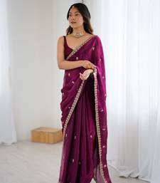 Wine festive trendy satin saree with two tone sequence embroidery