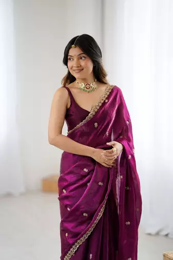 Wine festive trendy satin saree with two tone sequence embroidery