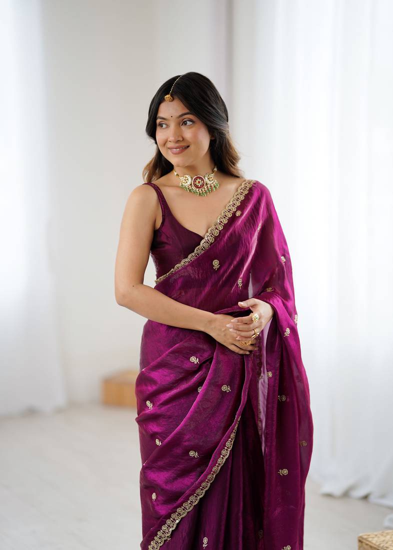 Wine festive trendy satin saree with two tone sequence embroidery
