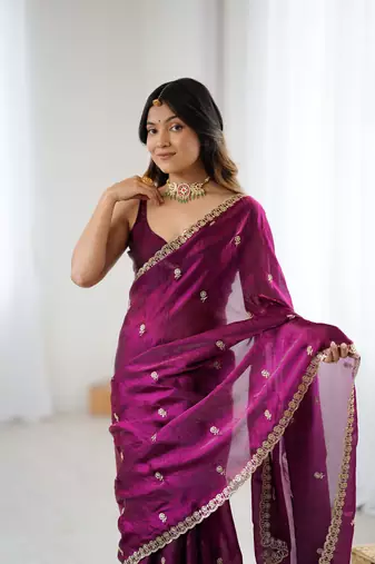 Wine festive trendy satin saree with two tone sequence embroidery