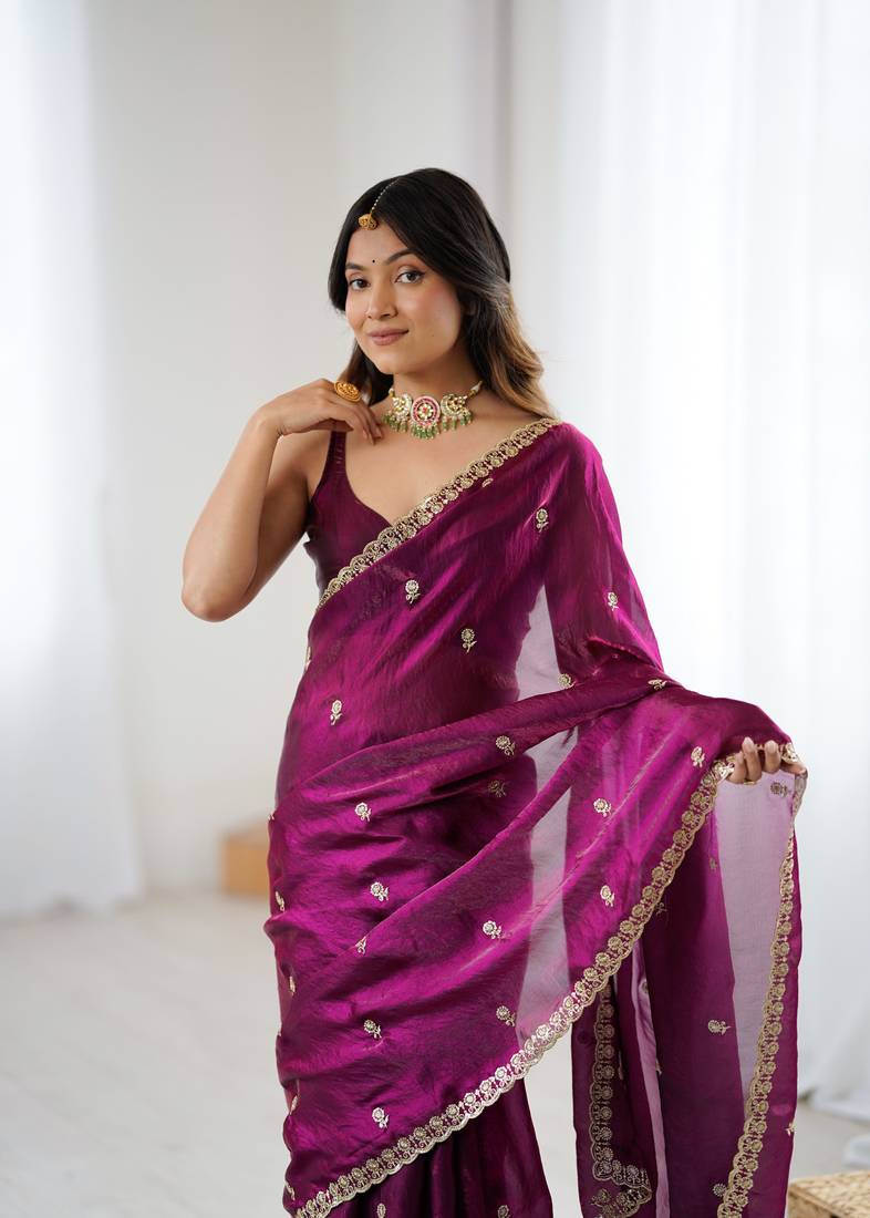 Wine festive trendy satin saree with two tone sequence embroidery