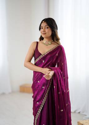 Wine festive trendy satin saree with two tone sequence embroidery 4