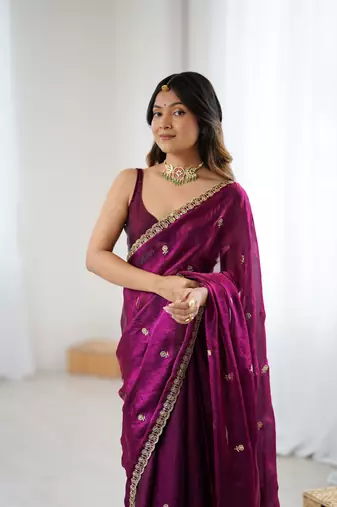 Wine festive trendy satin saree with two tone sequence embroidery