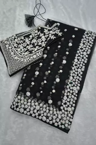 Black butterfly soft net saree with pearl & sequins embroidery