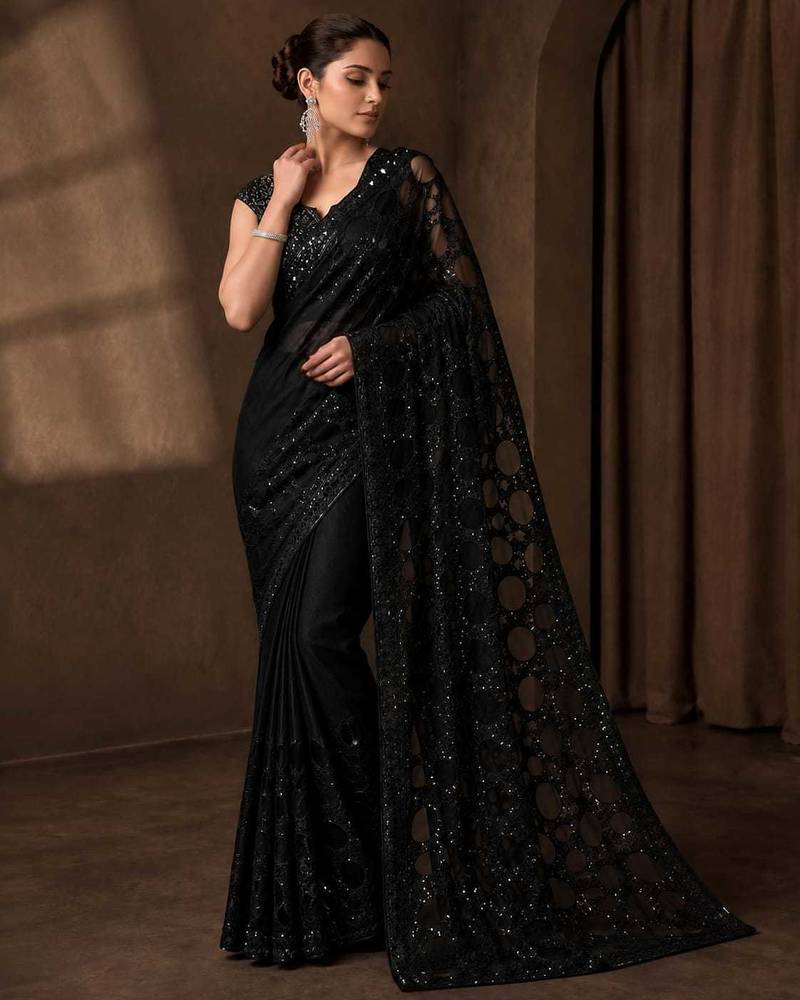 Black butterfly net saree with 5mm sequins embroidery