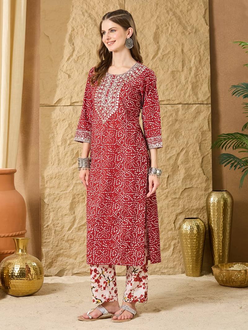 Women Ethnic Motifs Printed Regular Mirror Work  Cotton Kurta with Trouser