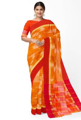 orange tie-dye pure cotton blend saree with red border 1