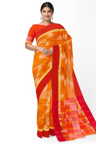 orange tie-dye pure cotton blend saree with red border