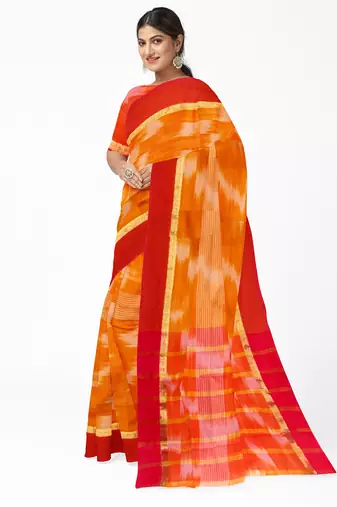 orange tie-dye pure cotton blend saree with red border