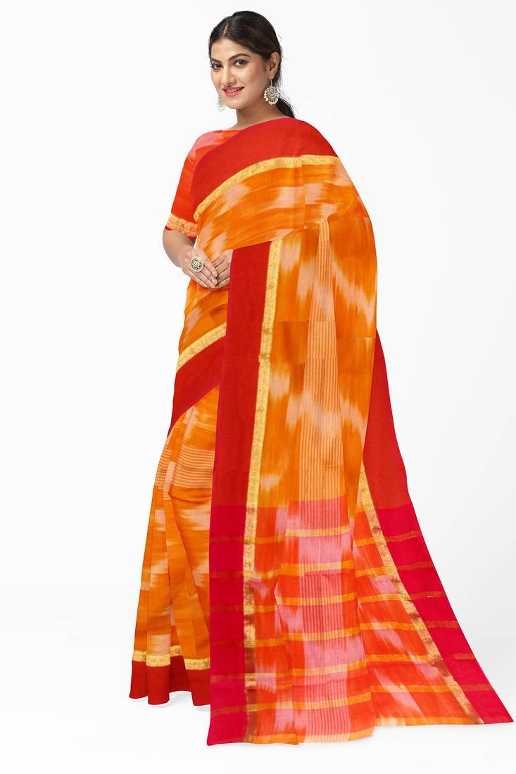 orange tie-dye pure cotton blend saree with red border