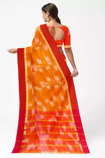 orange tie-dye pure cotton blend saree with red border