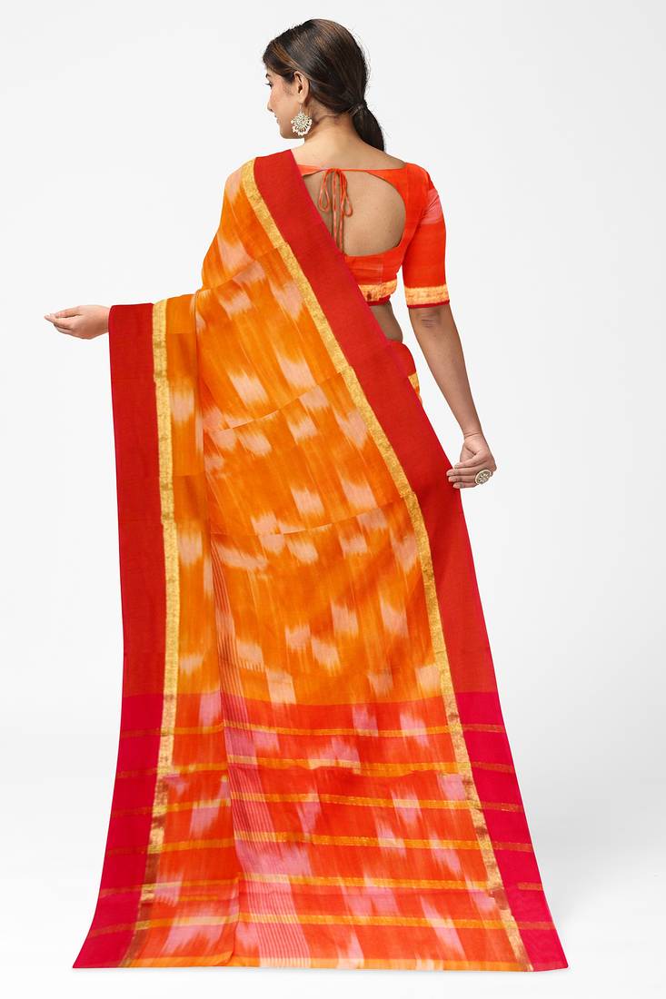 orange tie-dye pure cotton blend saree with red border
