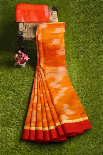 orange tie-dye pure cotton blend saree with red border