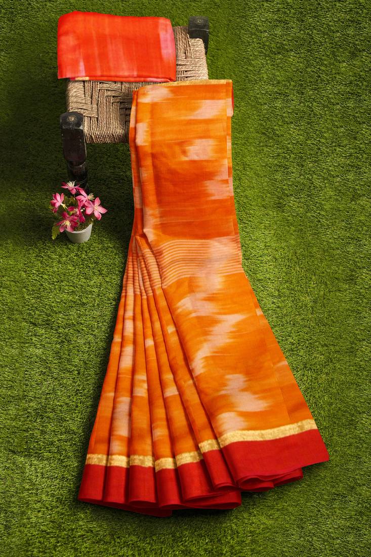 orange tie-dye pure cotton blend saree with red border