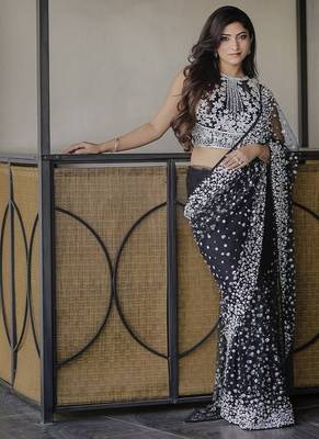 Black butterfly soft net saree with pearl & sequins embroidery 1