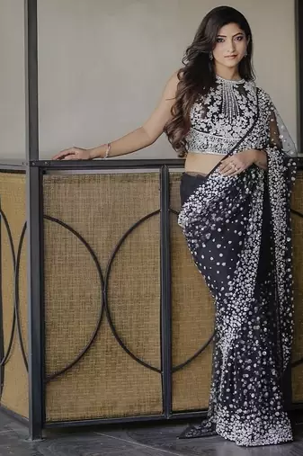 Black butterfly soft net saree with pearl & sequins embroidery