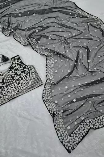 Black butterfly soft net saree with pearl & sequins embroidery