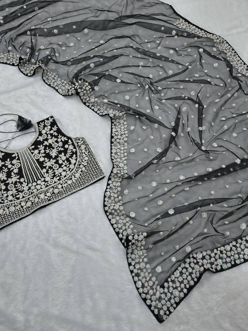 Black butterfly soft net saree with pearl & sequins embroidery