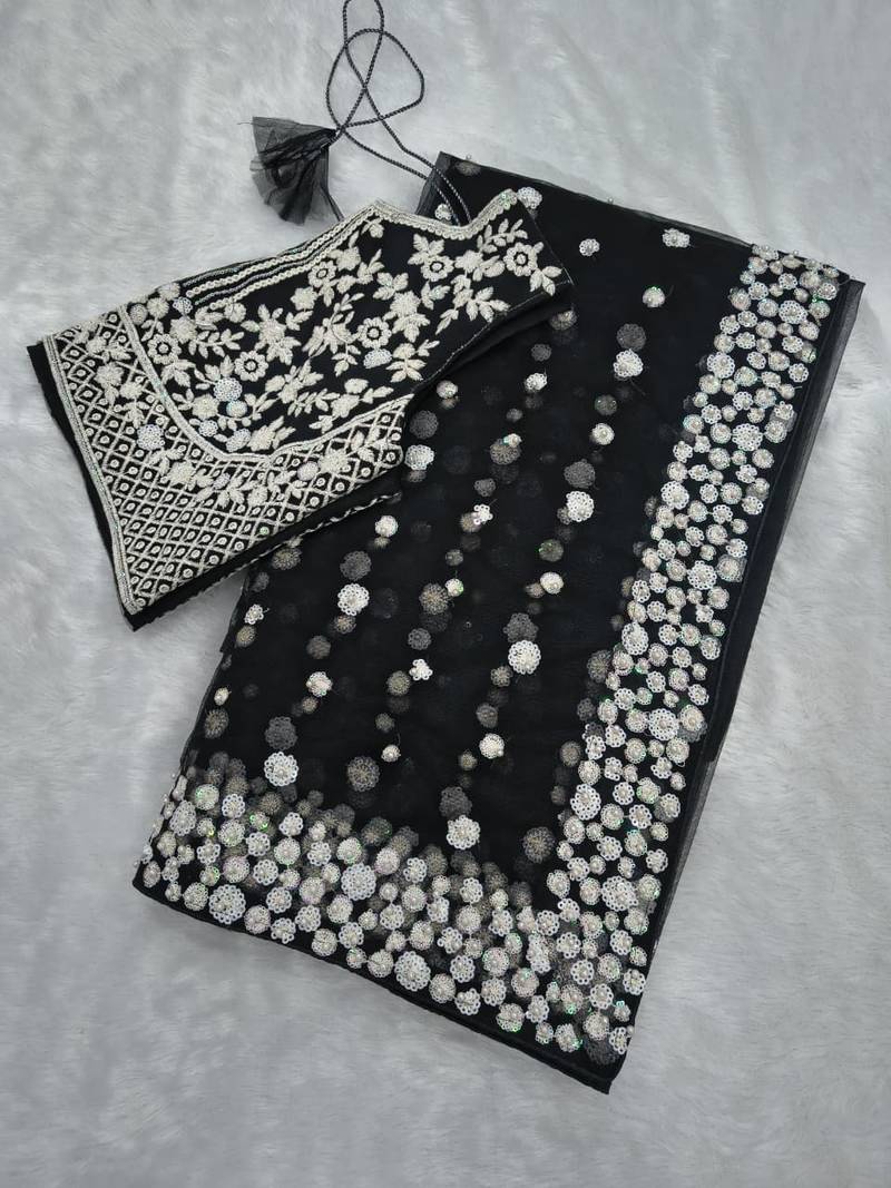 Black butterfly soft net saree with pearl & sequins embroidery