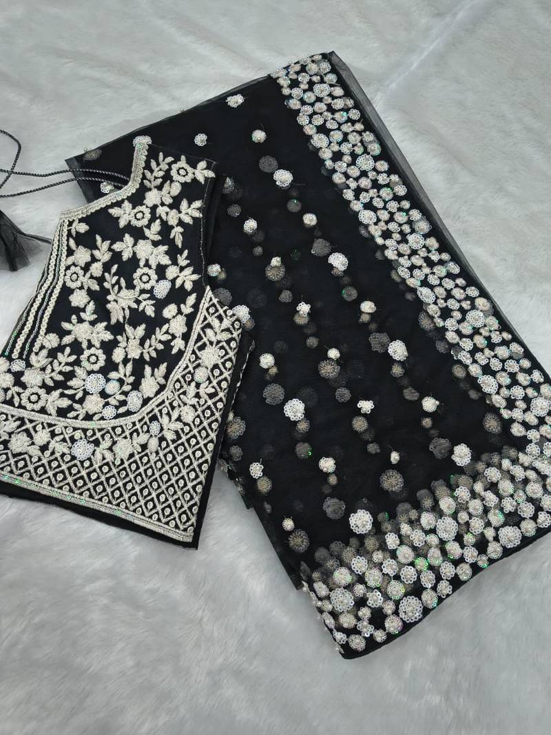 Black butterfly soft net saree with pearl & sequins embroidery