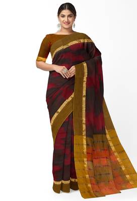 maroon black ikat pure cotton blend saree with olive border 1