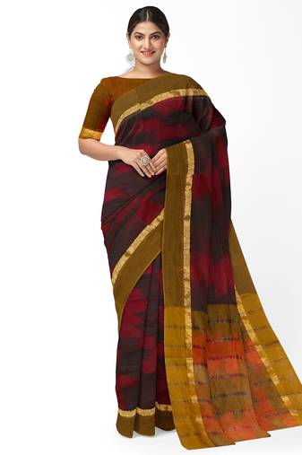 maroon black ikat pure cotton blend saree with olive border